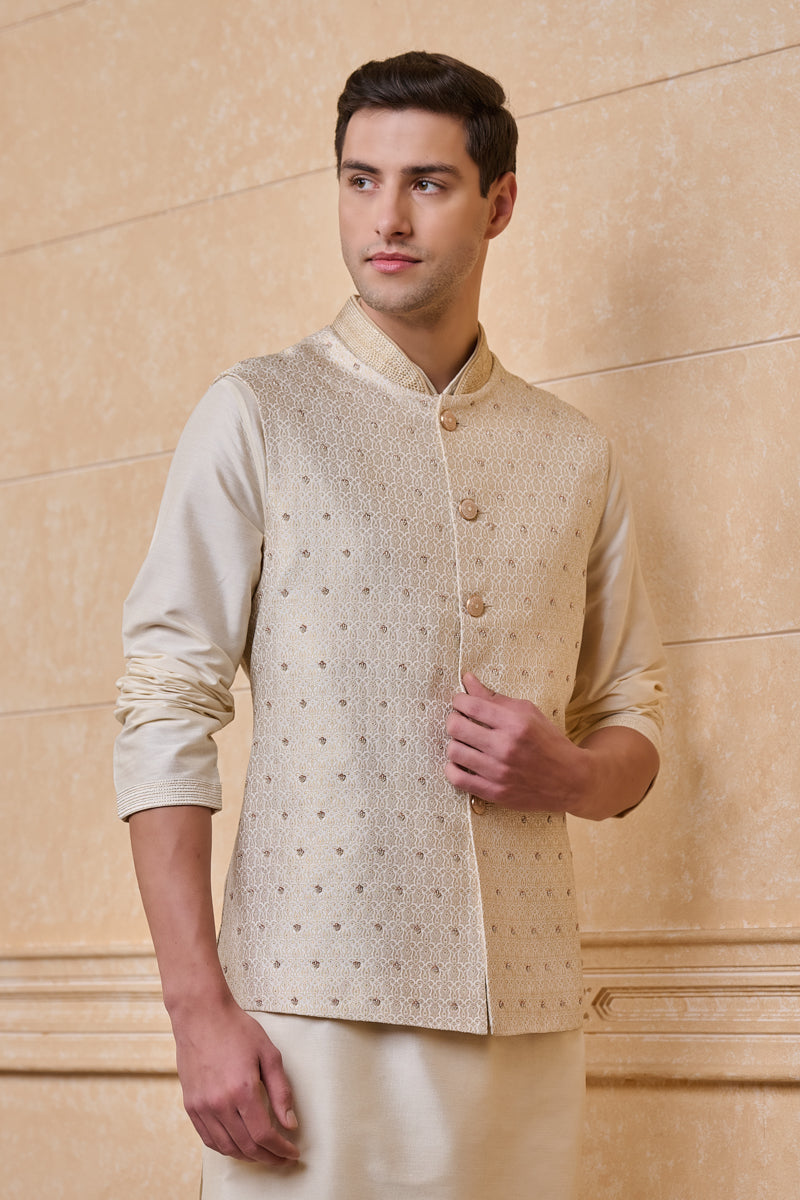 Ivory Brocade Kurta Bundi Set