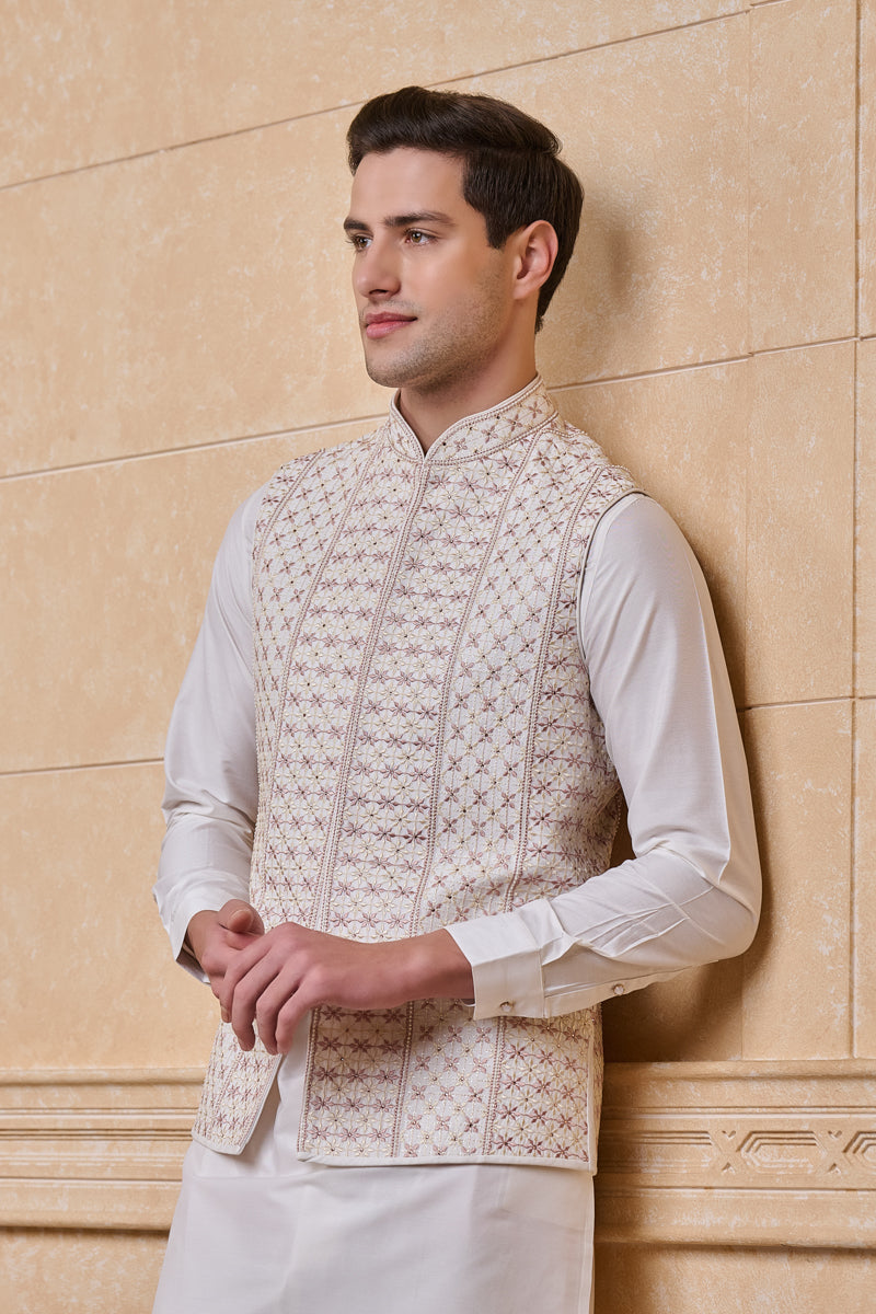 Ivory All Over Embroidered Kurta Bundi Set