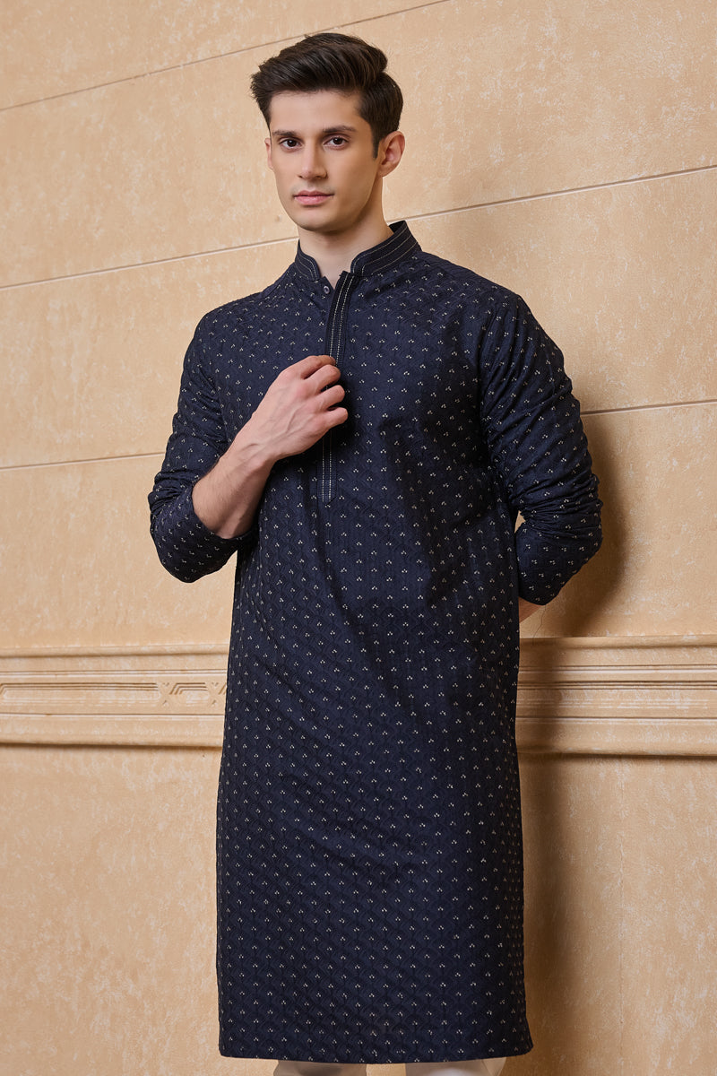 Navy All Over Thread Embroidered Kurta Set