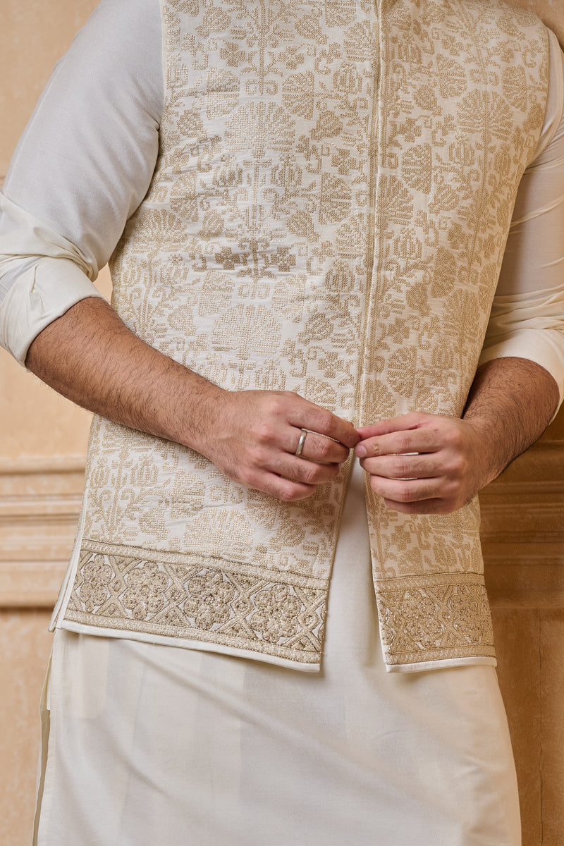 Gold All Over Embroidered Kurta Bundi Set