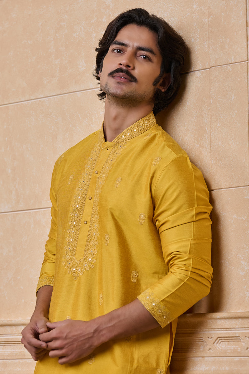 Yellow Embroidered Kurta Set With Mirror Work