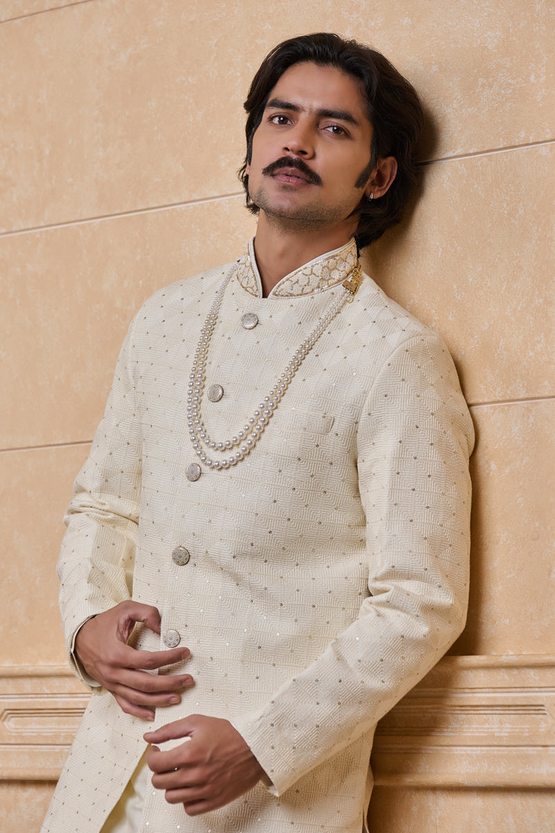 Ivory All Over Thread Embroidered Sherwani