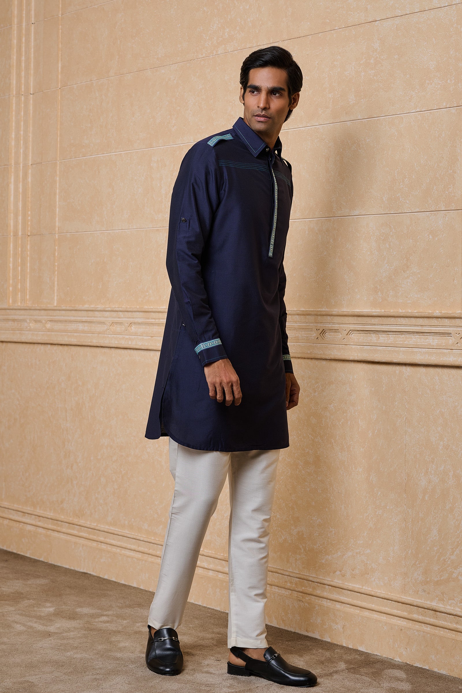 Navy Staple Kurta With Tape Detailing