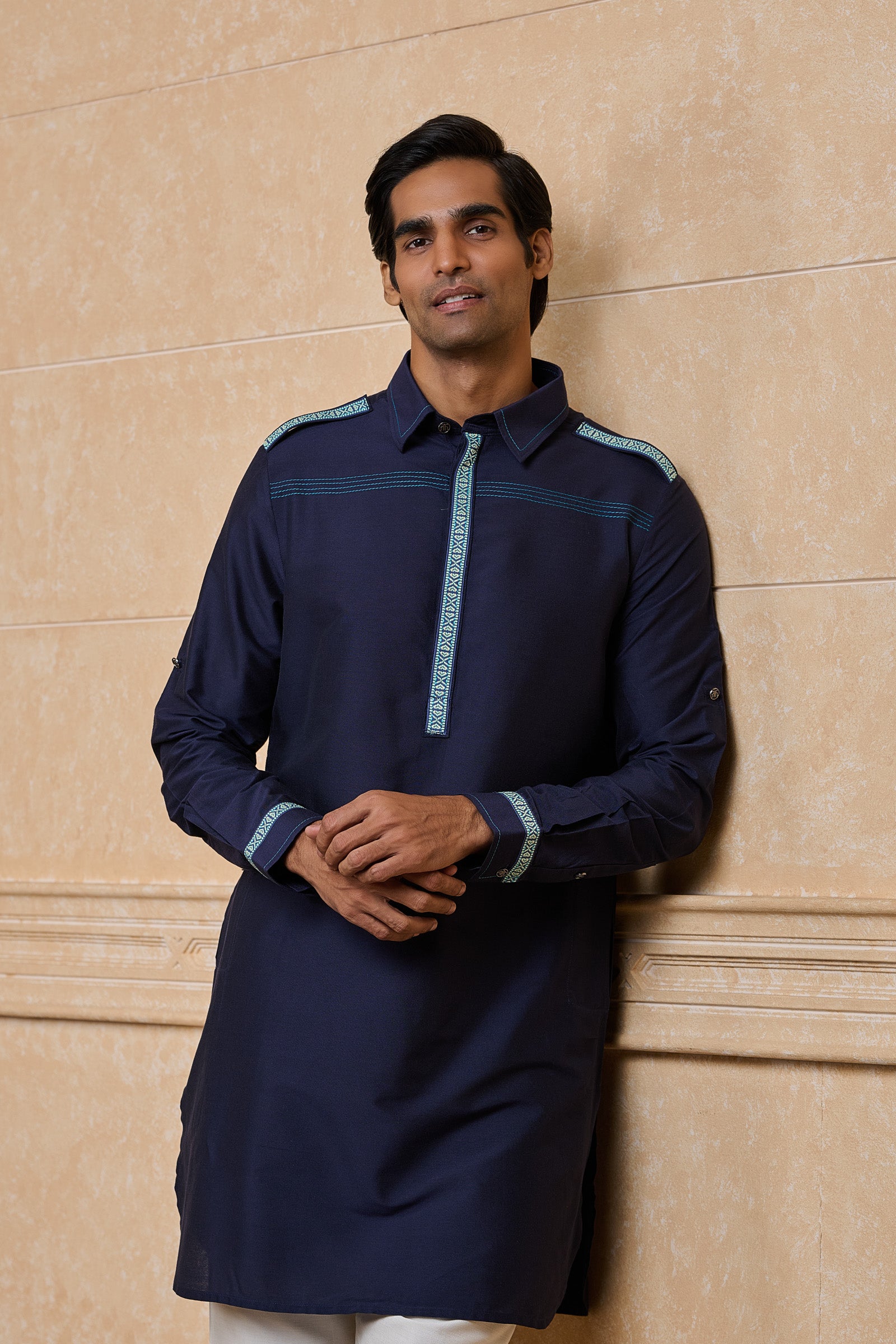 Navy Staple Kurta With Tape Detailing