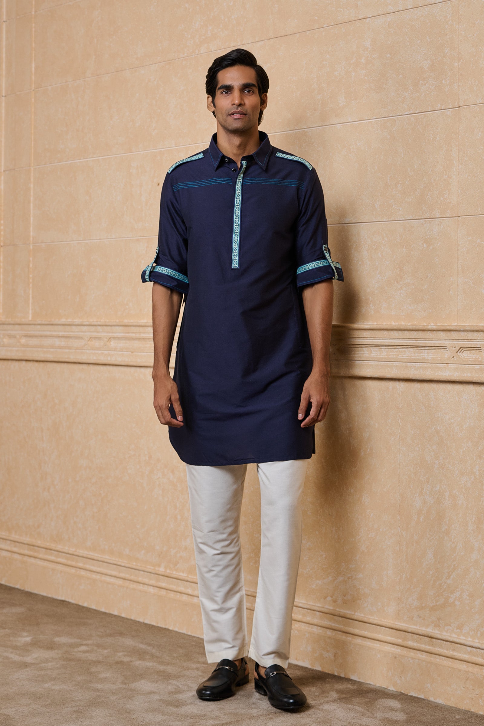 Navy Staple Kurta With Tape Detailing