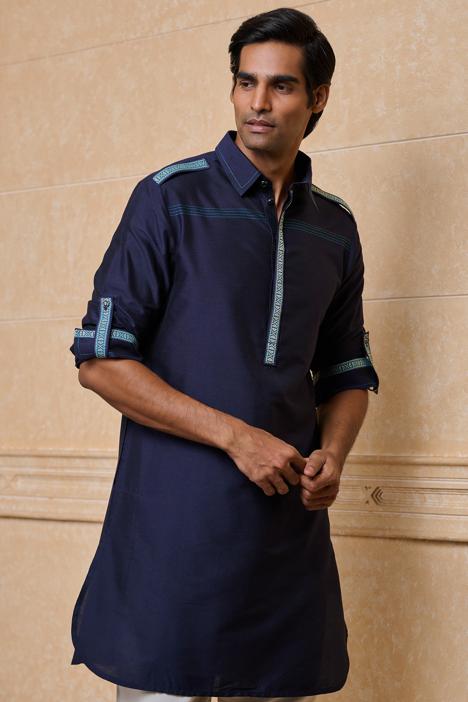 Navy Staple Kurta With Tape Detailing