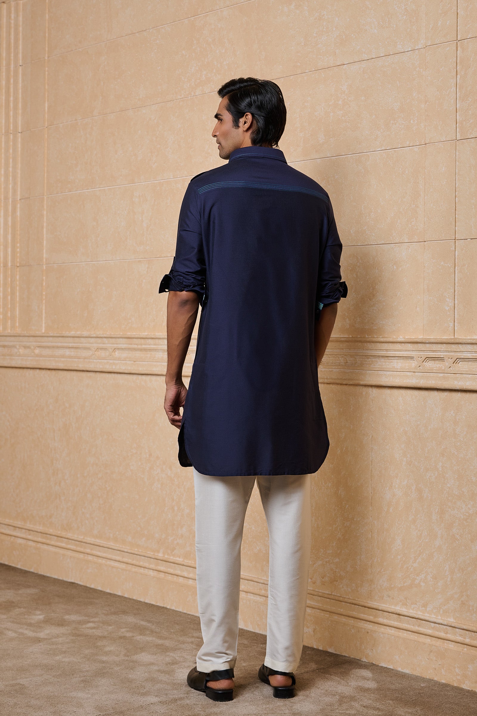 Navy Staple Kurta With Tape Detailing