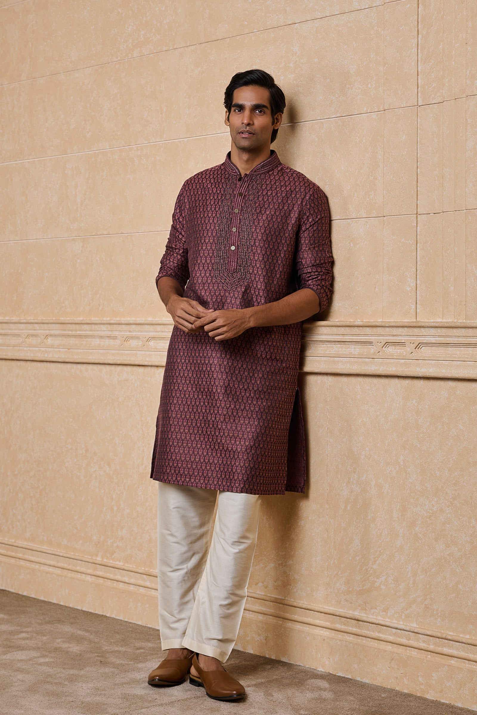 Wine Jacquard Embroidered Kurta Set