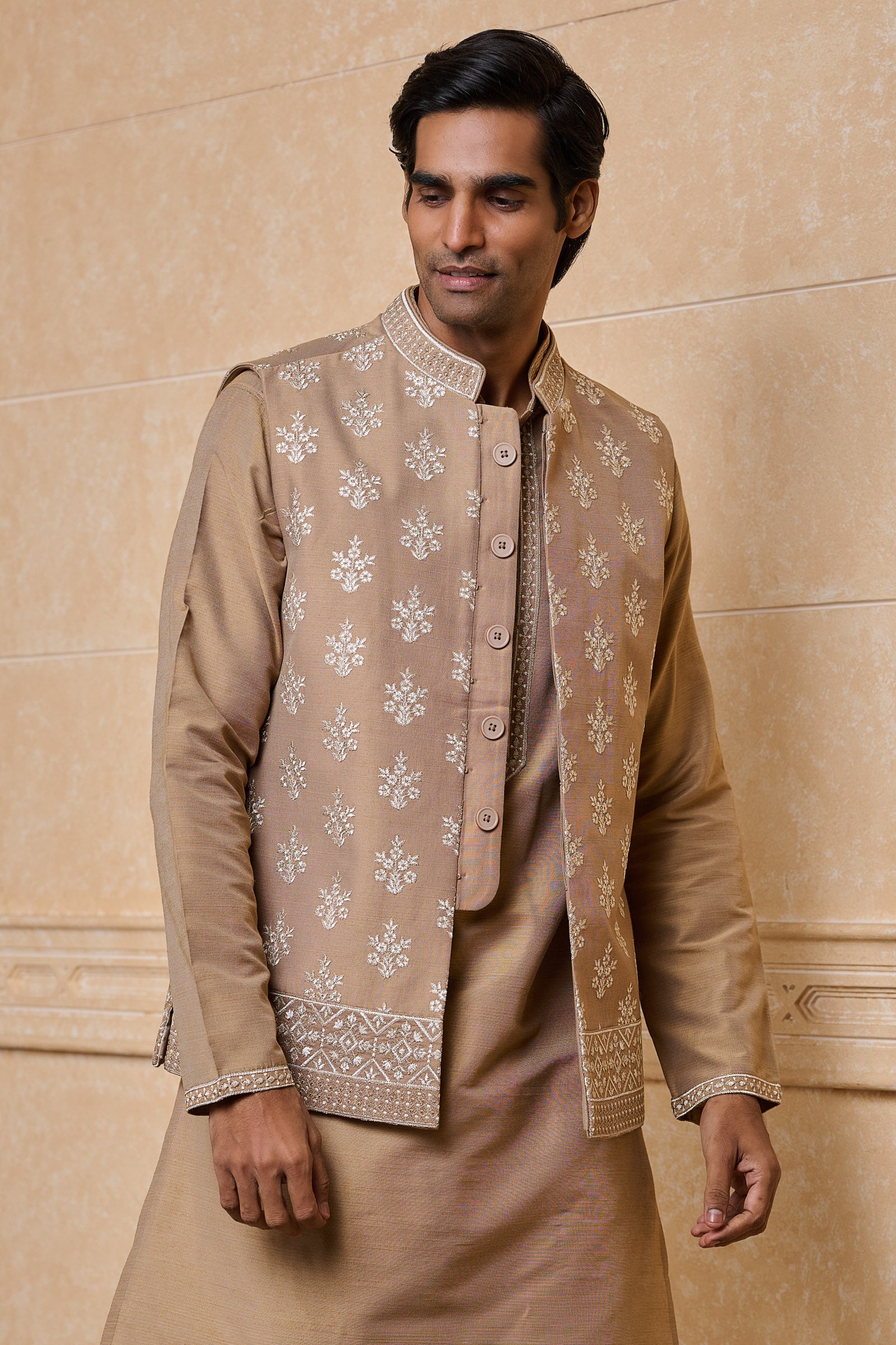 Beige All Over Embroidered Kurta Bundi Set