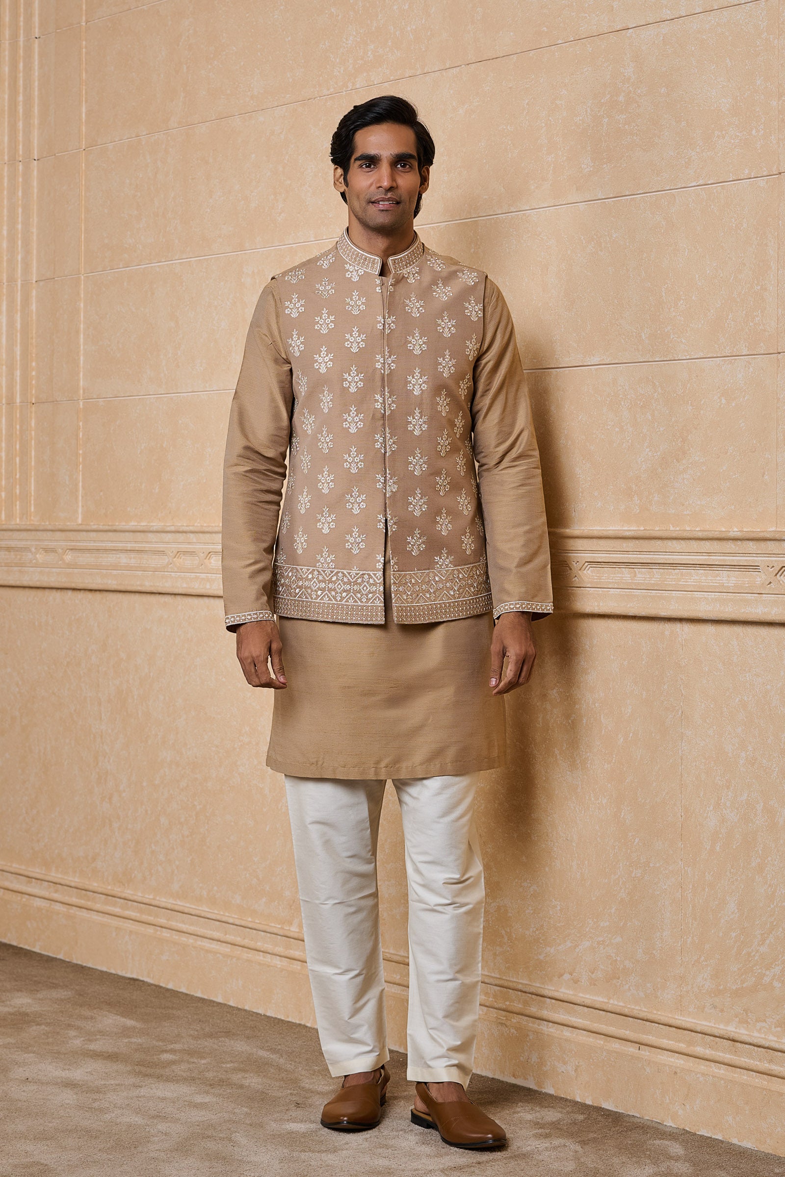 Beige All Over Embroidered Kurta Bundi Set