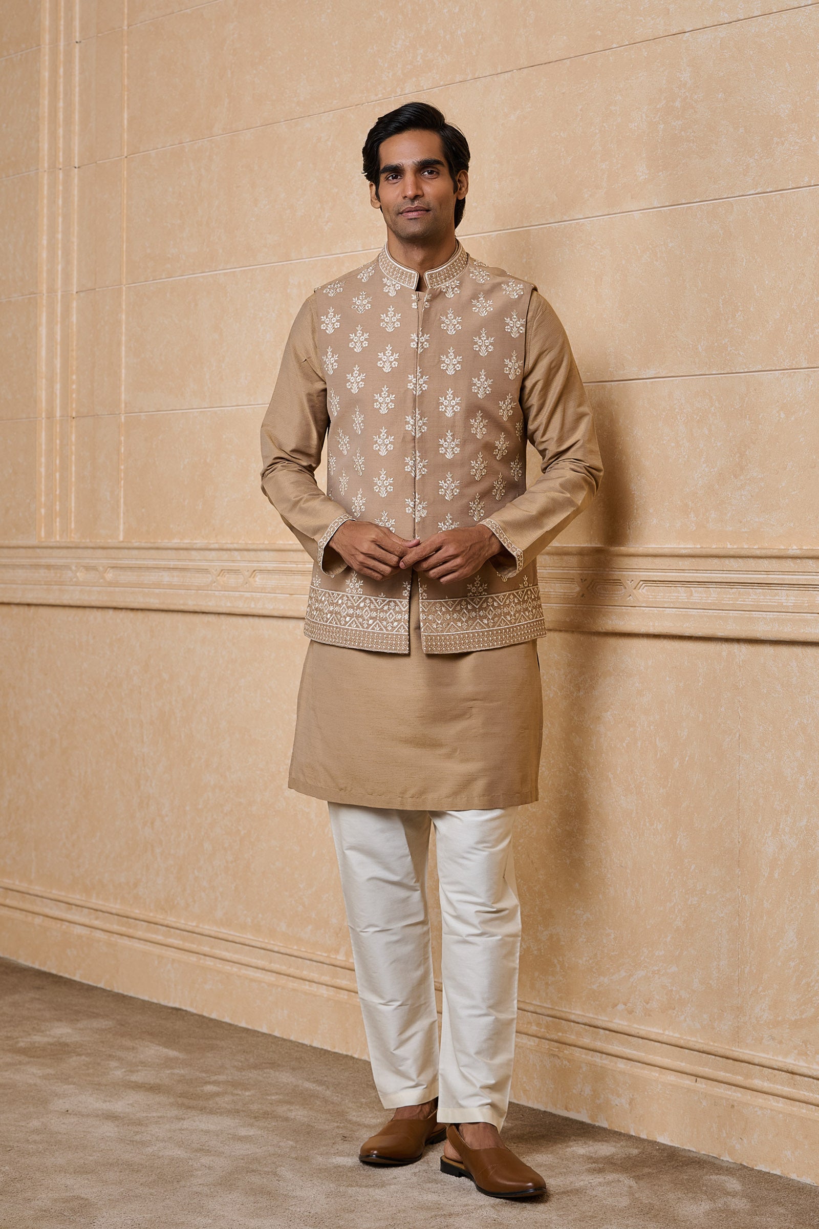 Beige All Over Embroidered Kurta Bundi Set