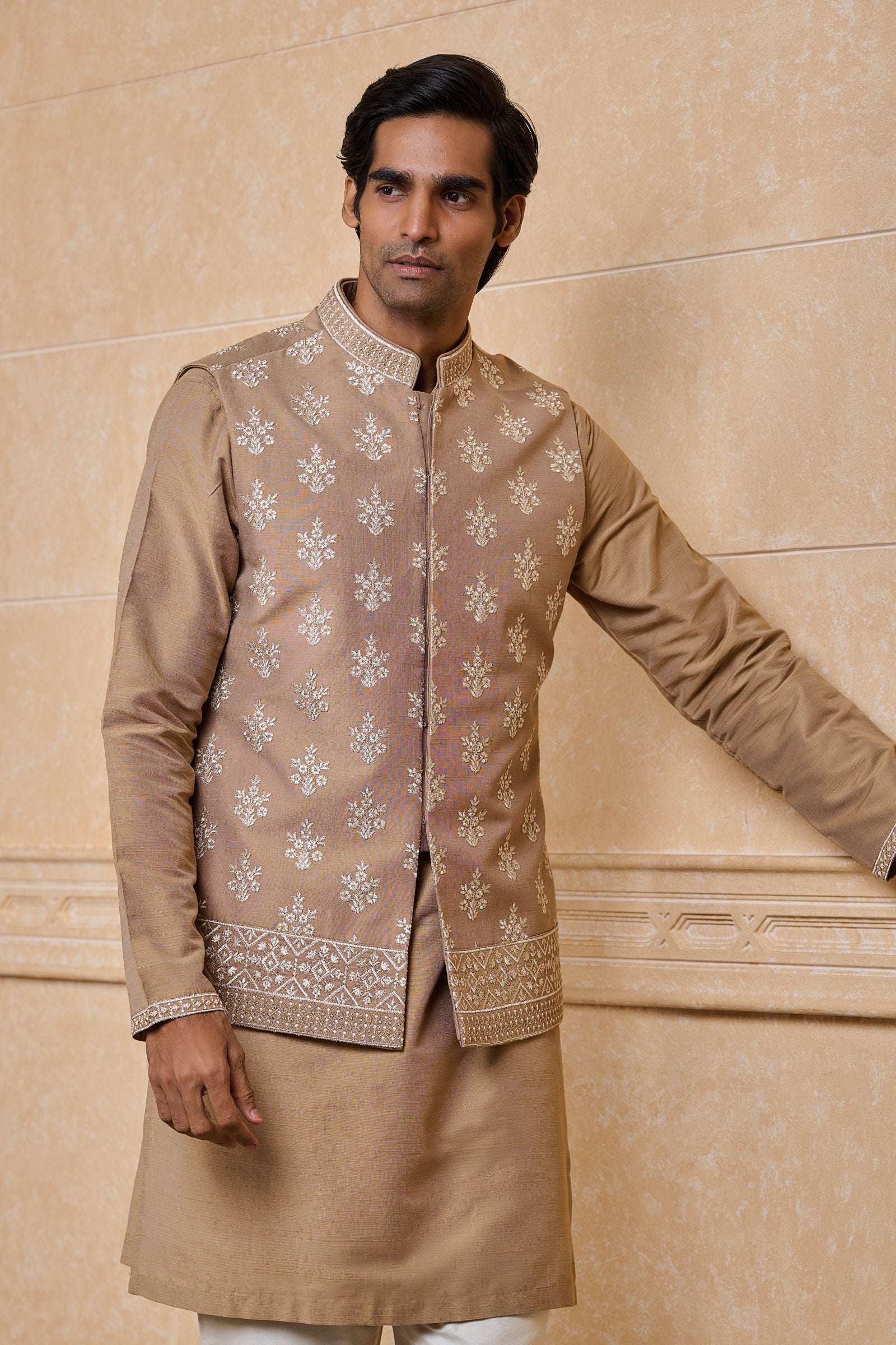 Beige All Over Embroidered Kurta Bundi Set