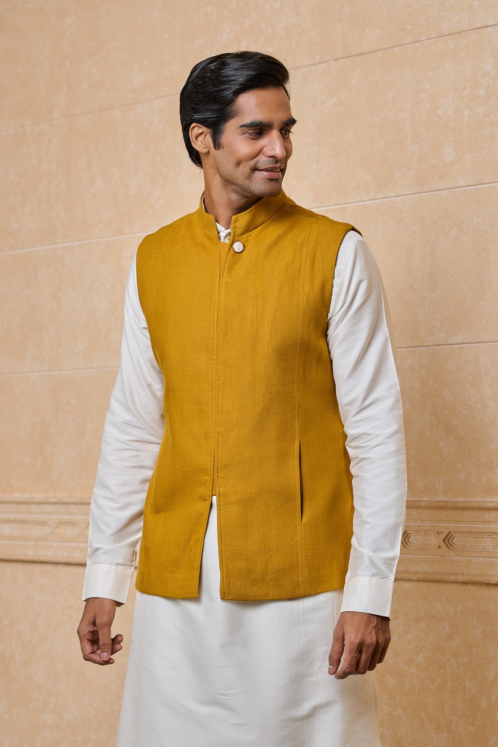 Yellow Ochre Classic bundi With Top Stitch Detailing