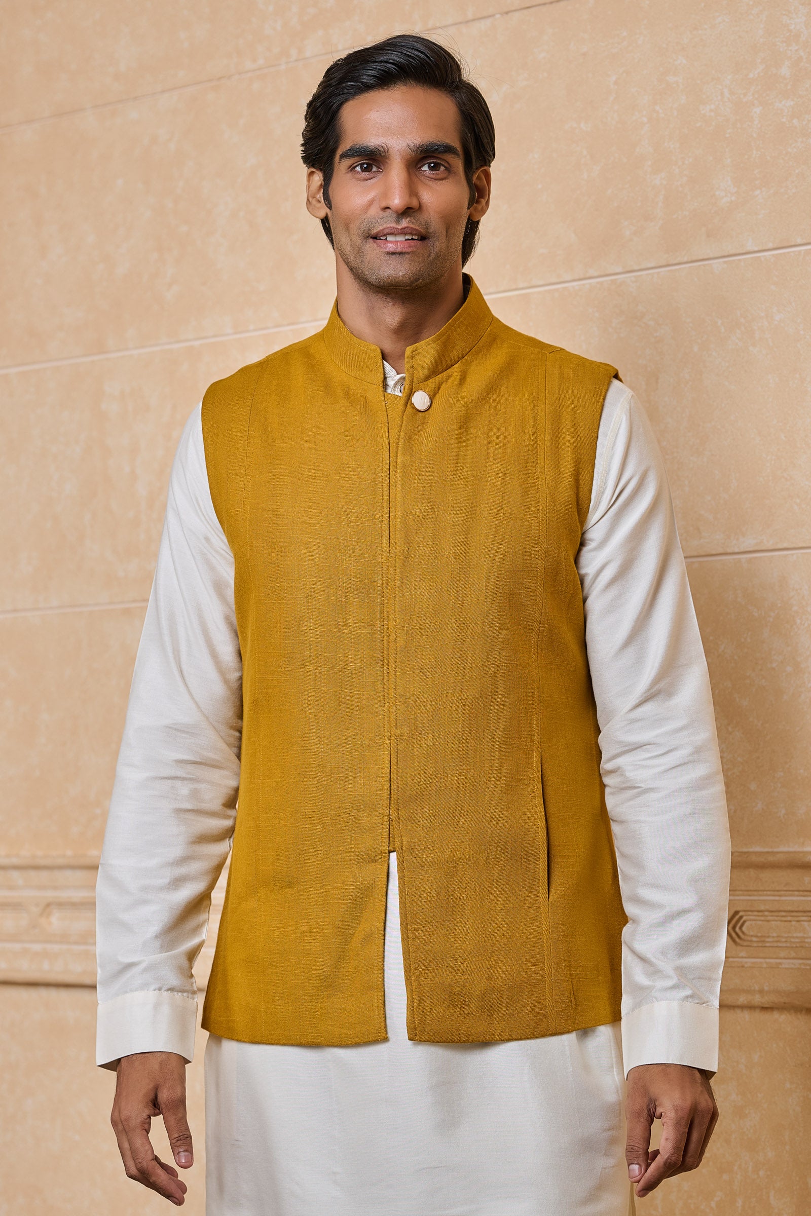 Yellow Ochre Classic bundi With Top Stitch Detailing