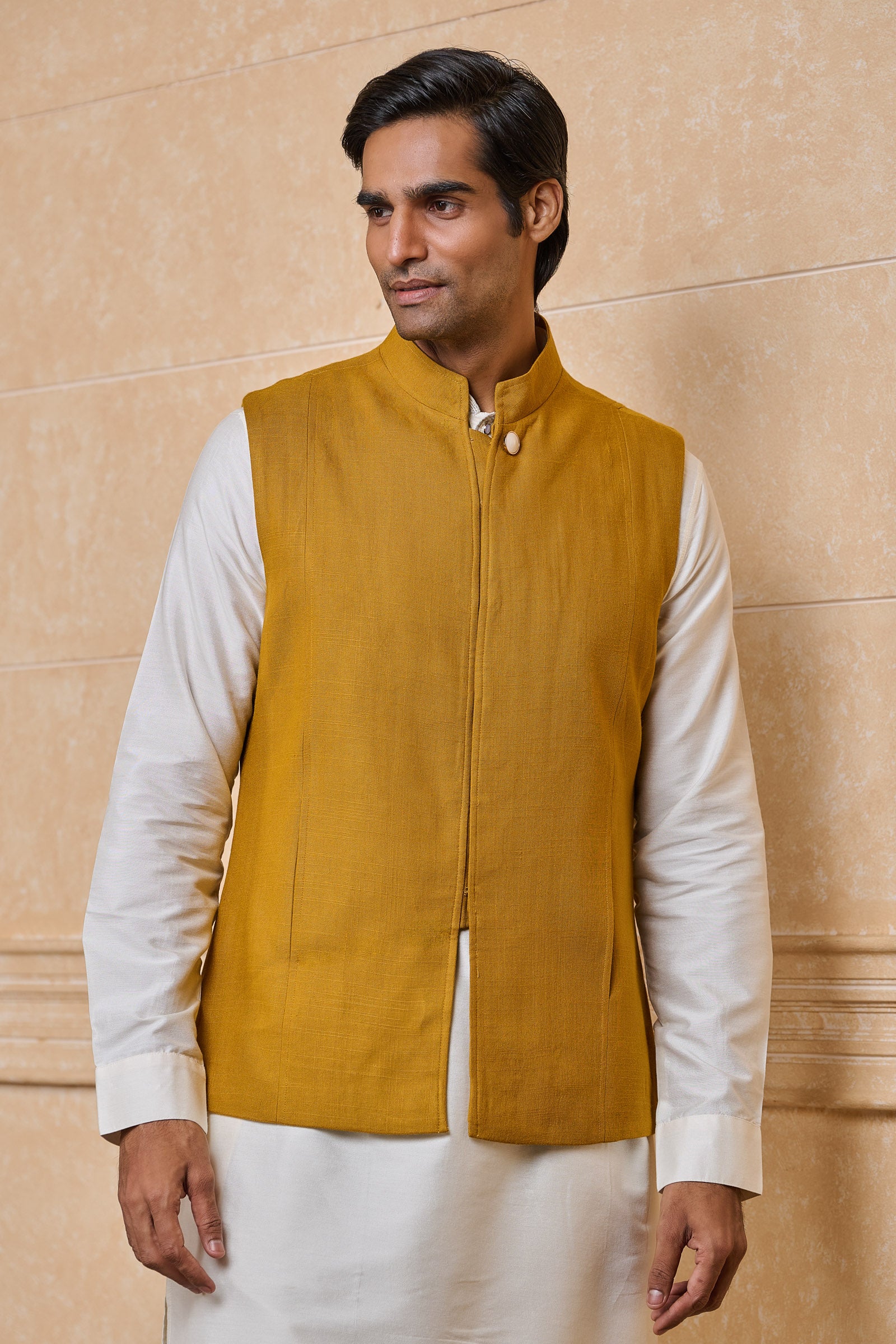 Yellow Ochre Classic bundi With Top Stitch Detailing