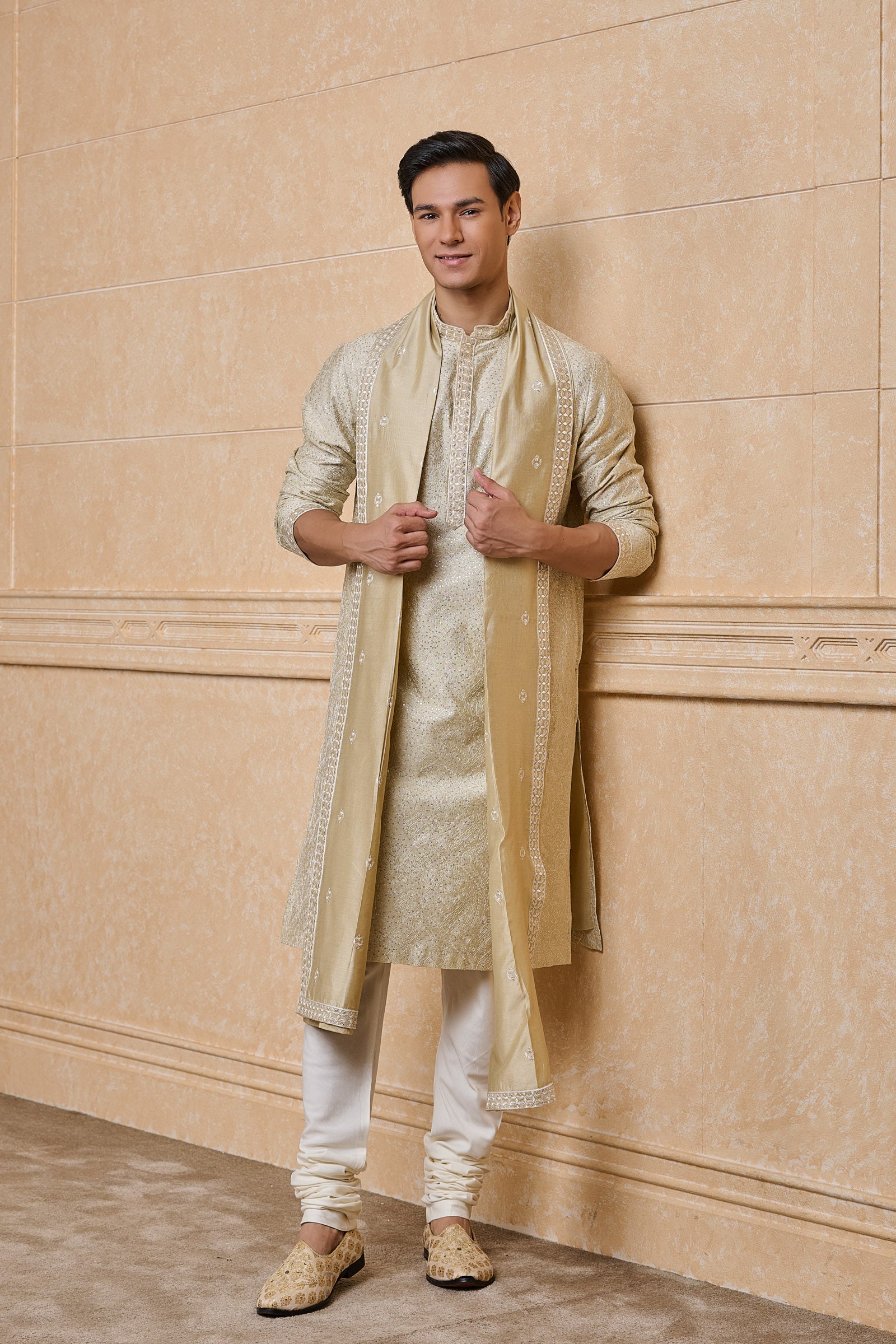 Beige All Over Embroidered Chanderi Kurta set