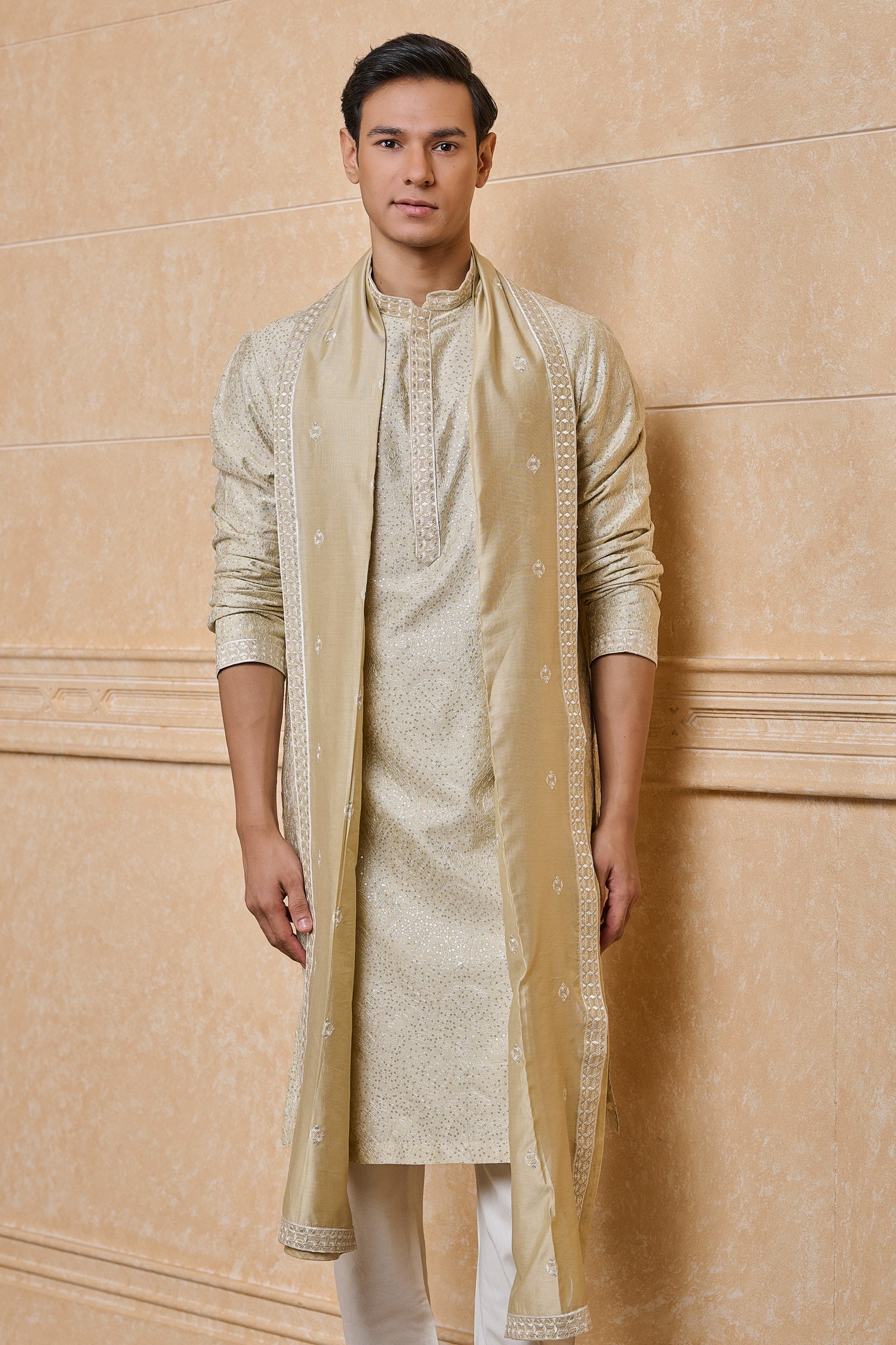 Beige All Over Embroidered Chanderi Kurta set