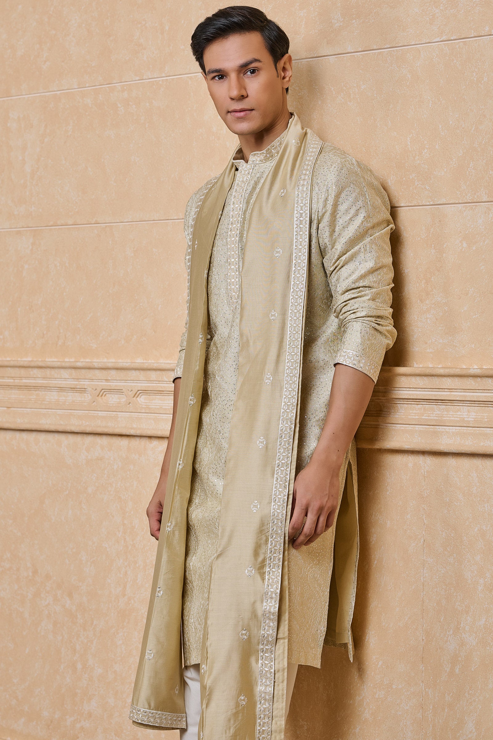 Beige All Over Embroidered Chanderi Kurta set