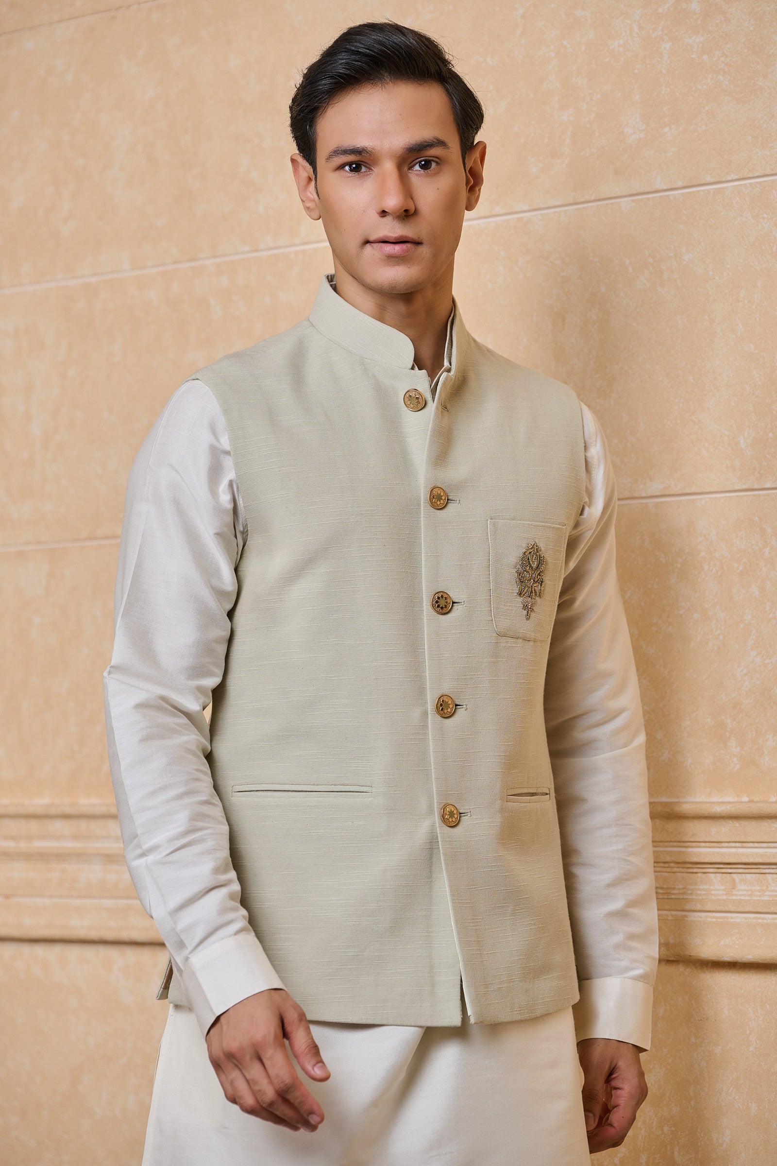 Light Green Cotton Bundi With Embroidered Crest