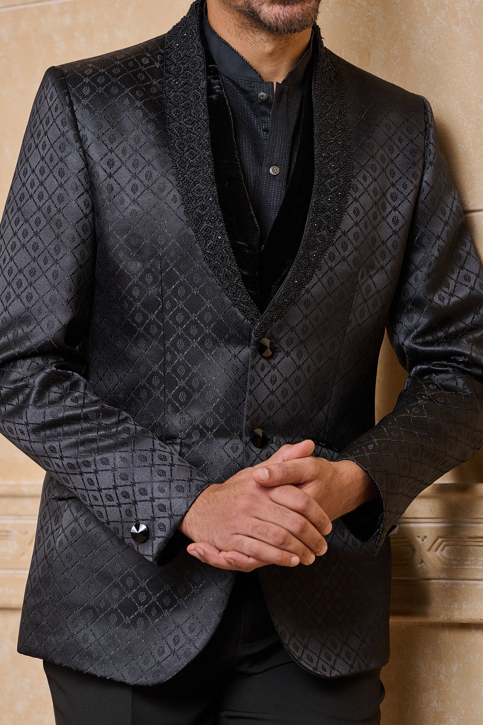 Black Jacquard Dinner Jacket With Embroidered Lapel