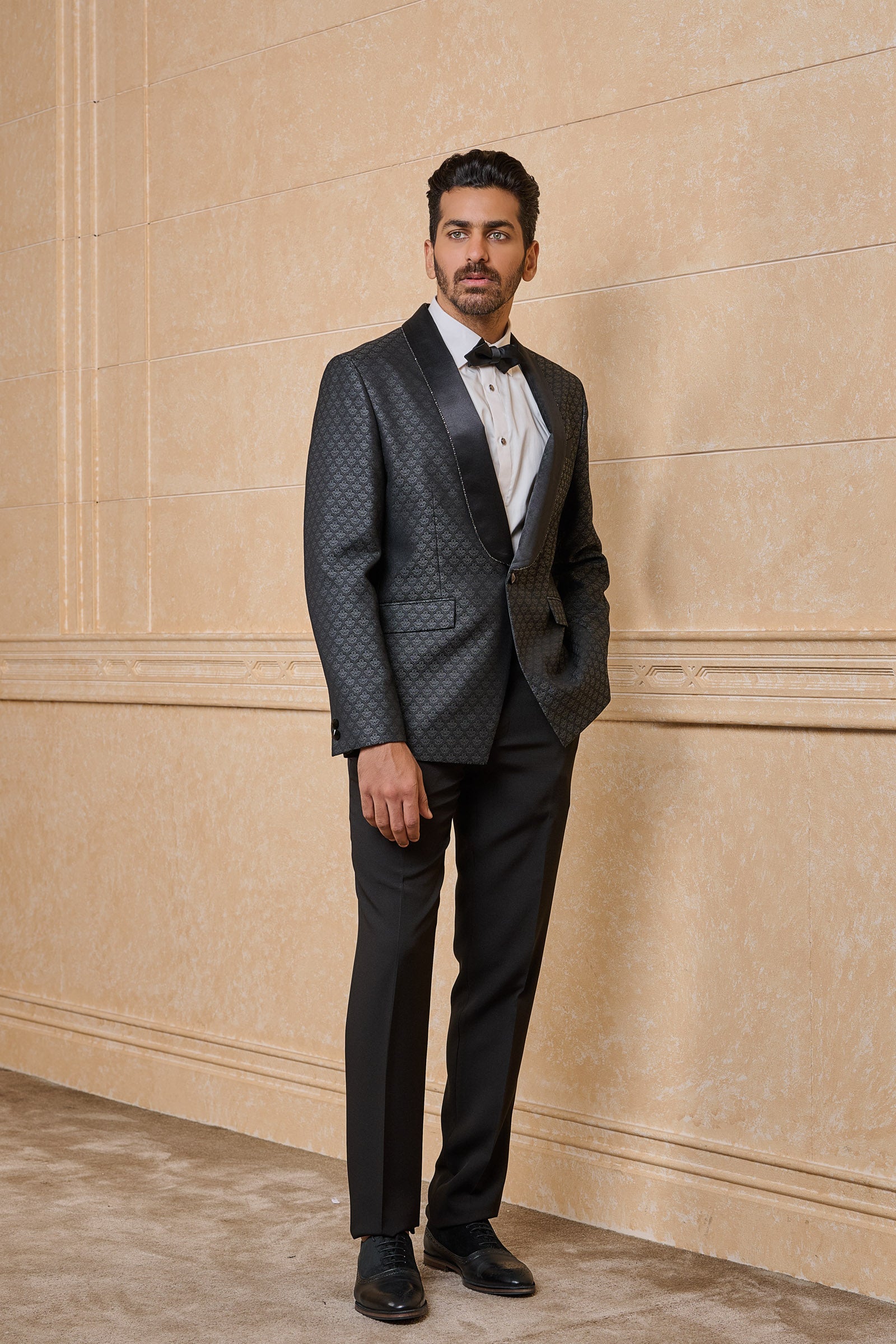 Black Jacquard Dinner Jacket With Satin Lapel