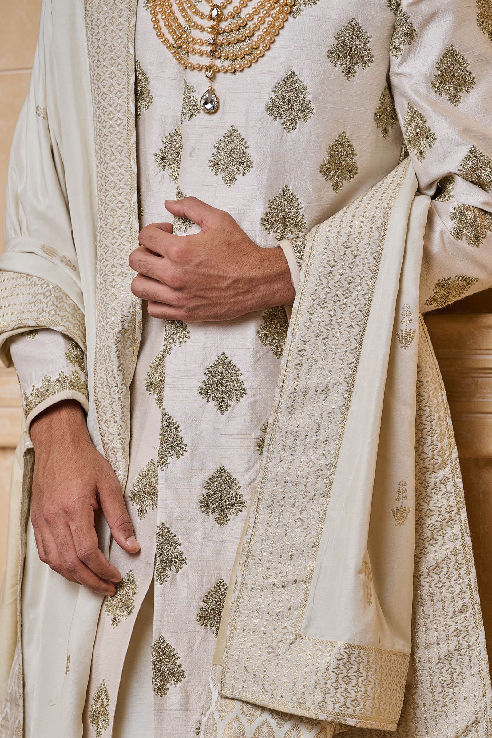 Ivory All Over Zari Butta Embroidered Sherwani