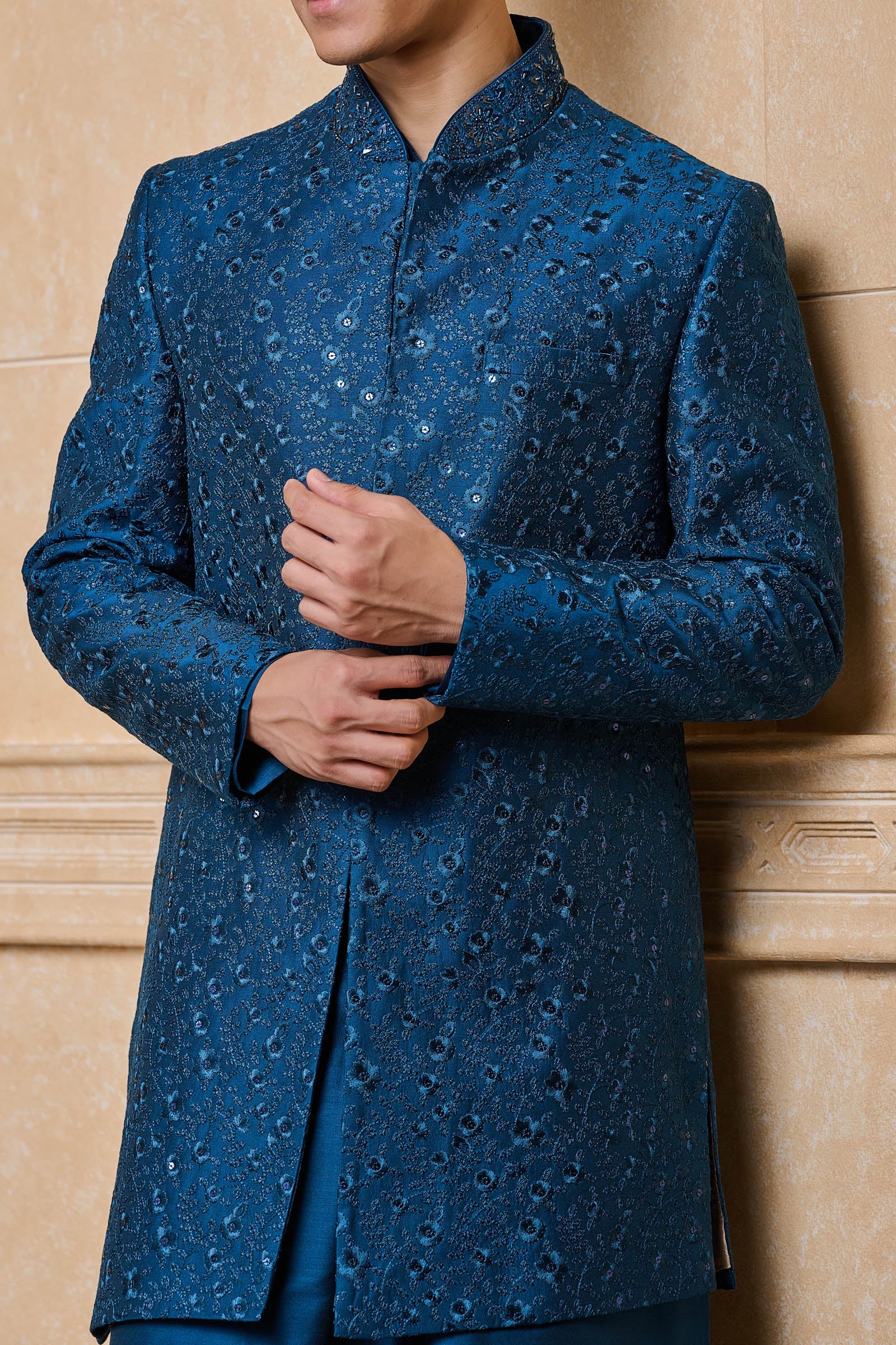 Teal Asymmetric Embroidered Indo Western