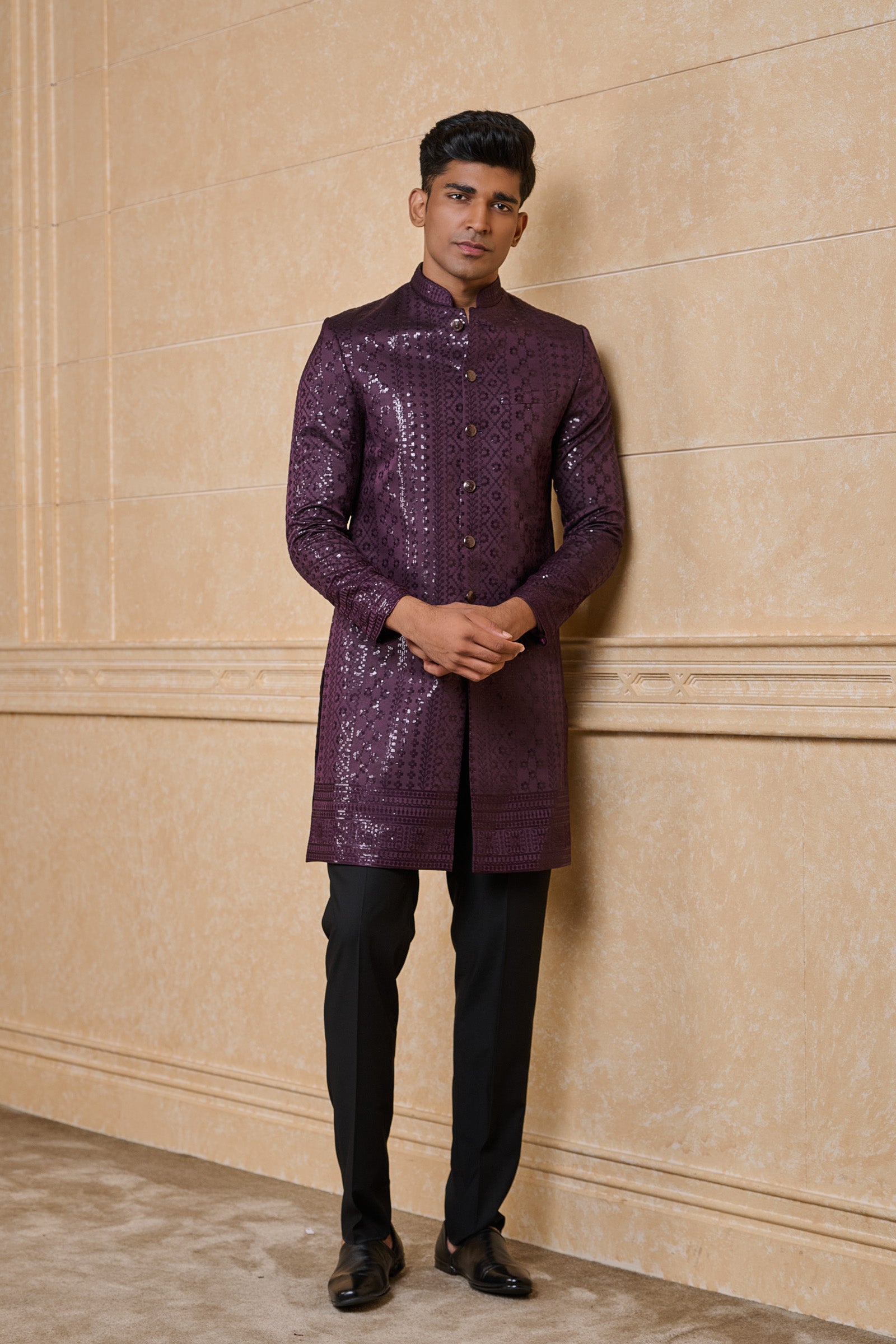 Wine All Over Embroidered Indo Western