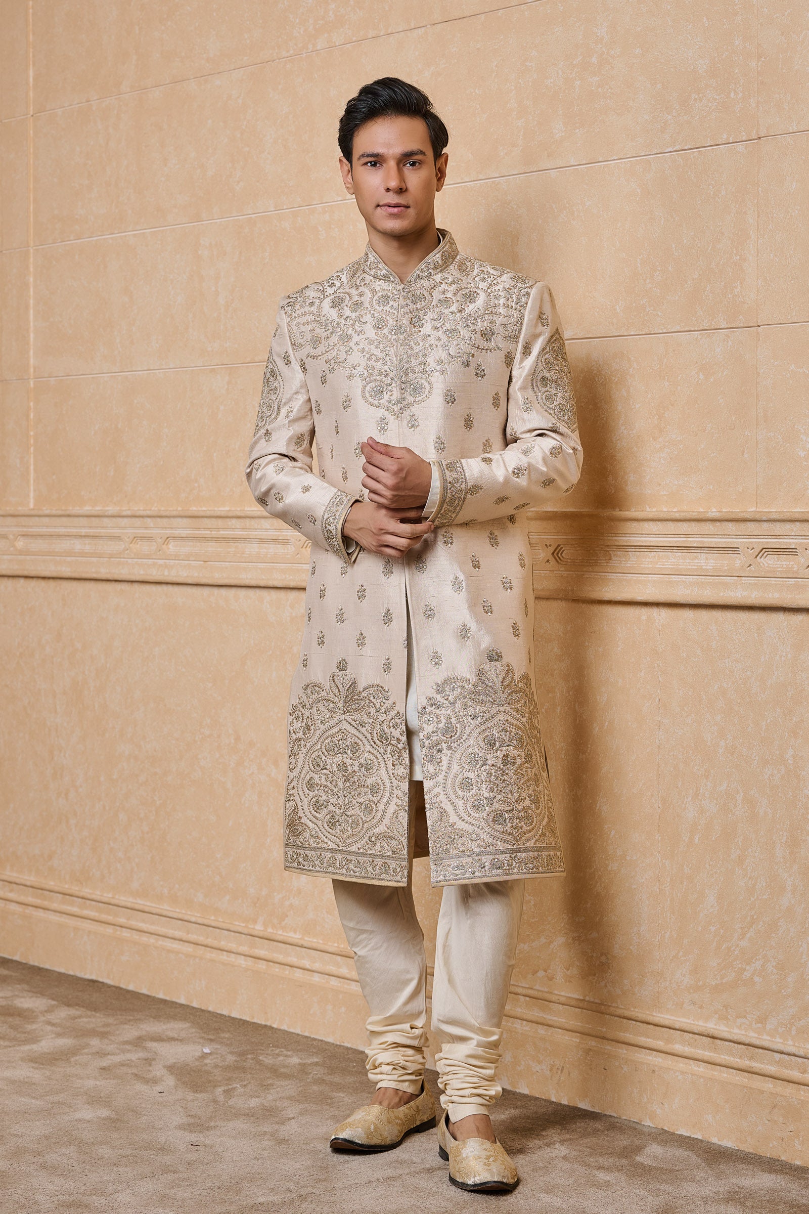 Ivory Raw Sherwani With Placement Embroidery