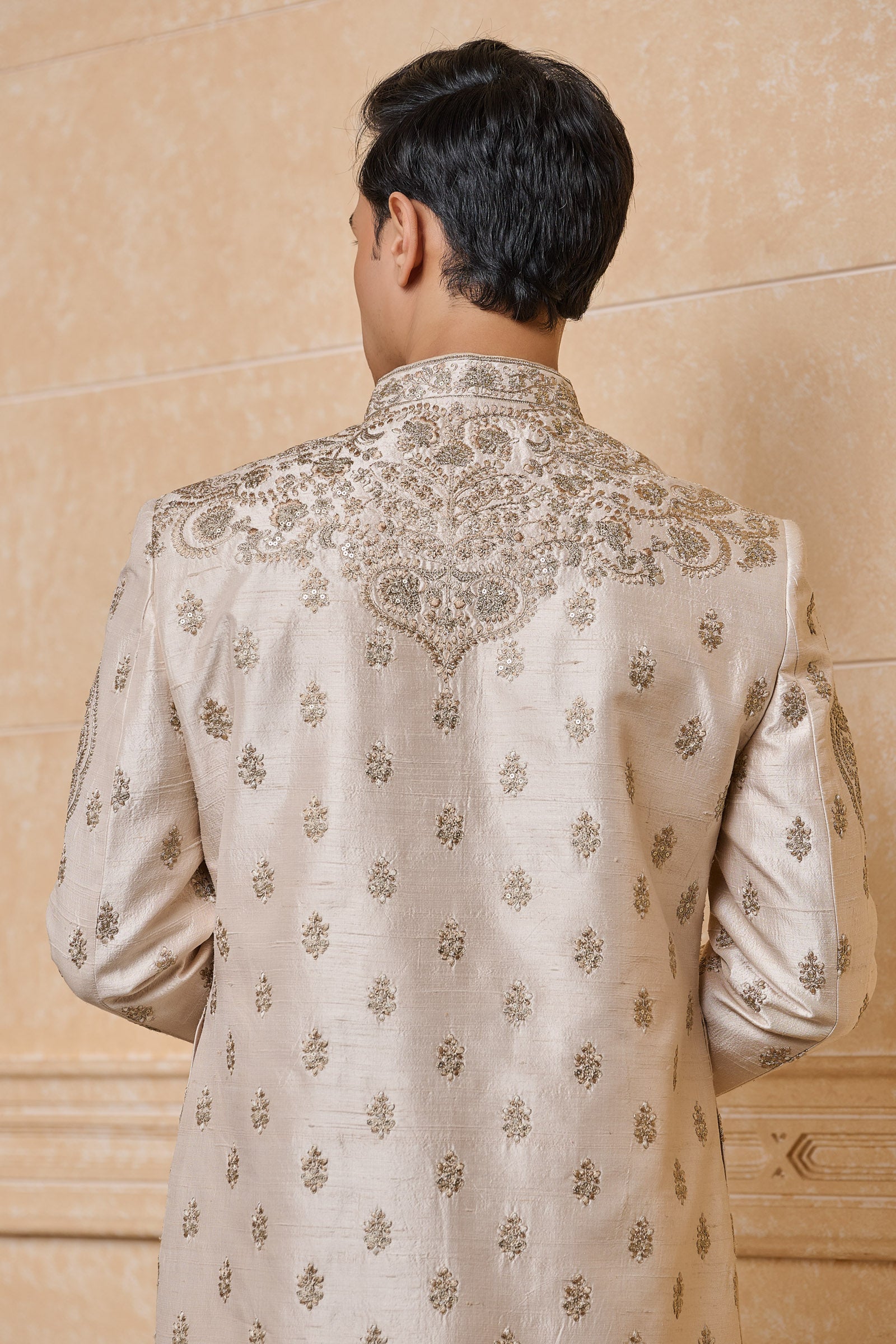 Ivory Raw Sherwani With Placement Embroidery