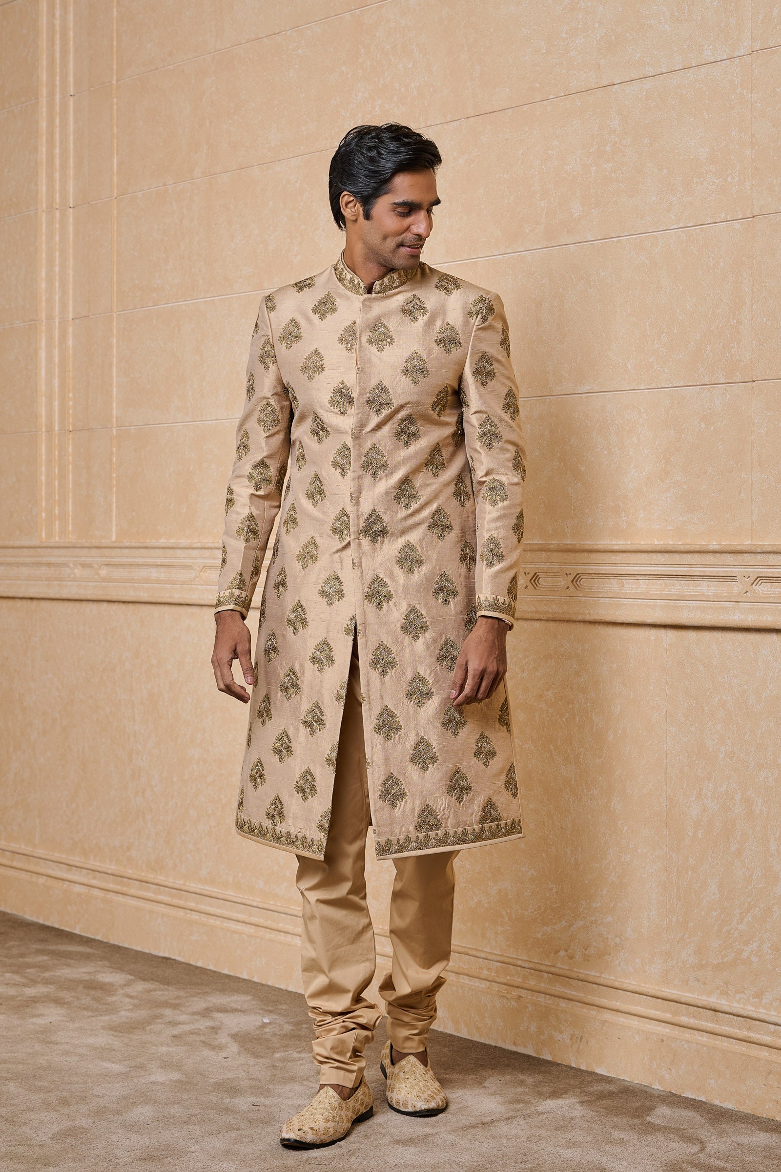 Gold All Over Zari Butta Embroidered Sherwani