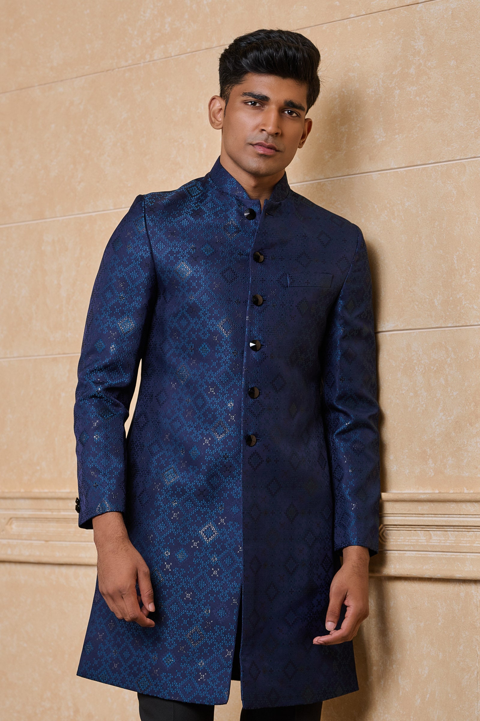 Navy Jacquard Indo Western