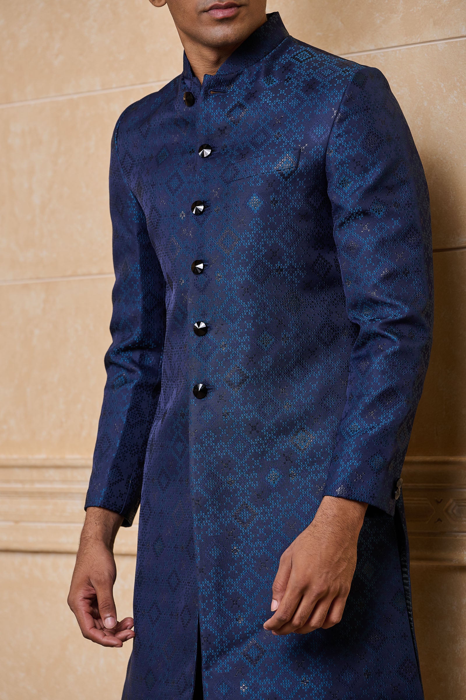 Navy Jacquard Indo Western