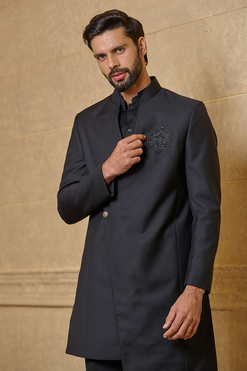 Black Asymmetric Indo With Embroidered Crest