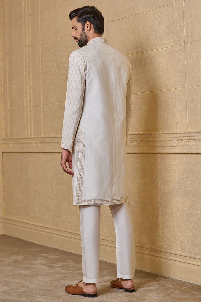 White Textured Sherwani With Aari Embroidery