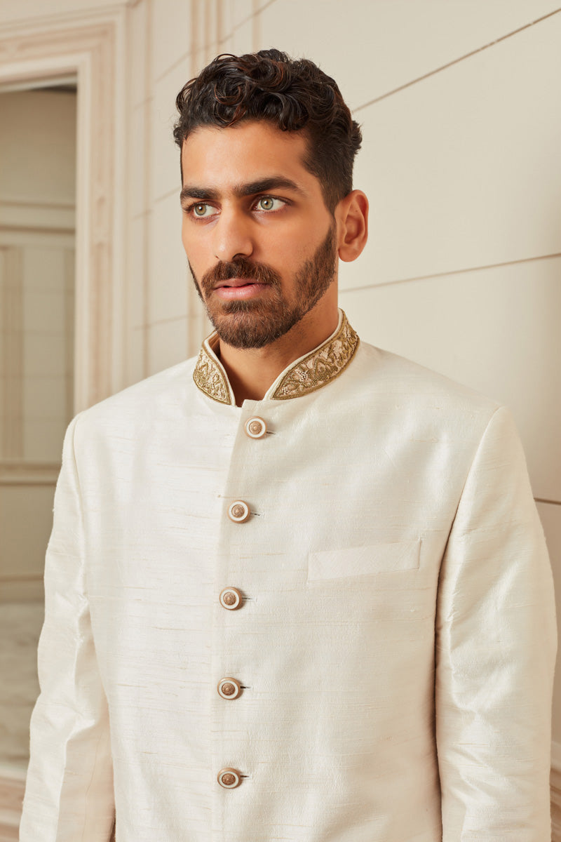 Ivory Brocade Achkan With Zardozi Embroidery