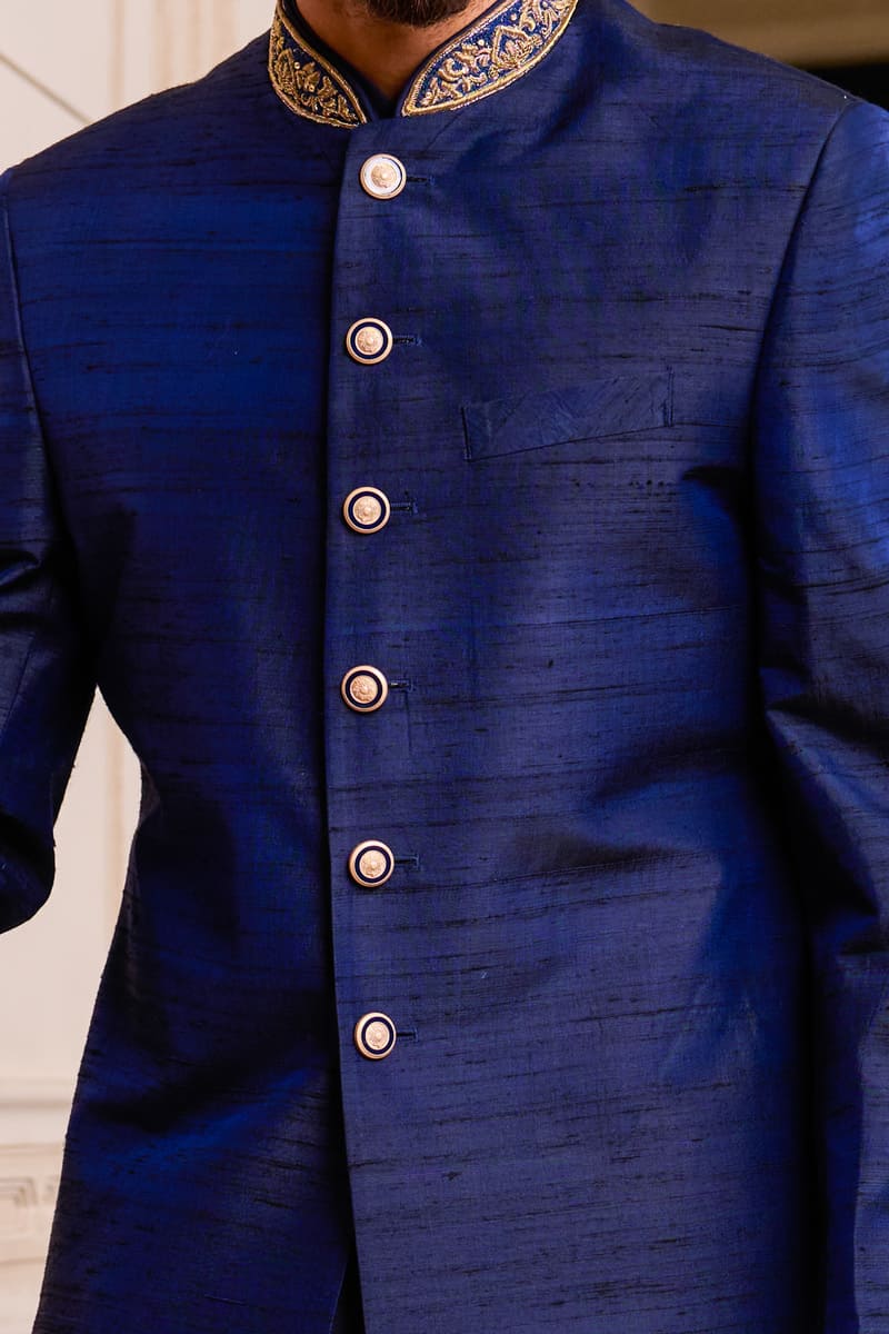 Navy Brocade Achkan With Zardozi Embroidery