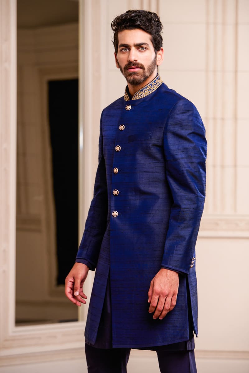 Navy Brocade Achkan With Zardozi Embroidery