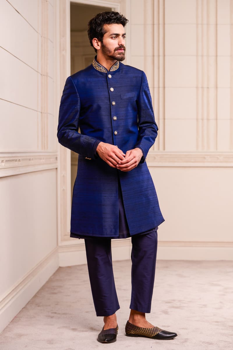 Navy Brocade Achkan With Zardozi Embroidery