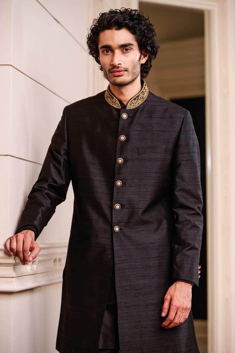 Black Brocade Achkan With Zardozi Embroidery