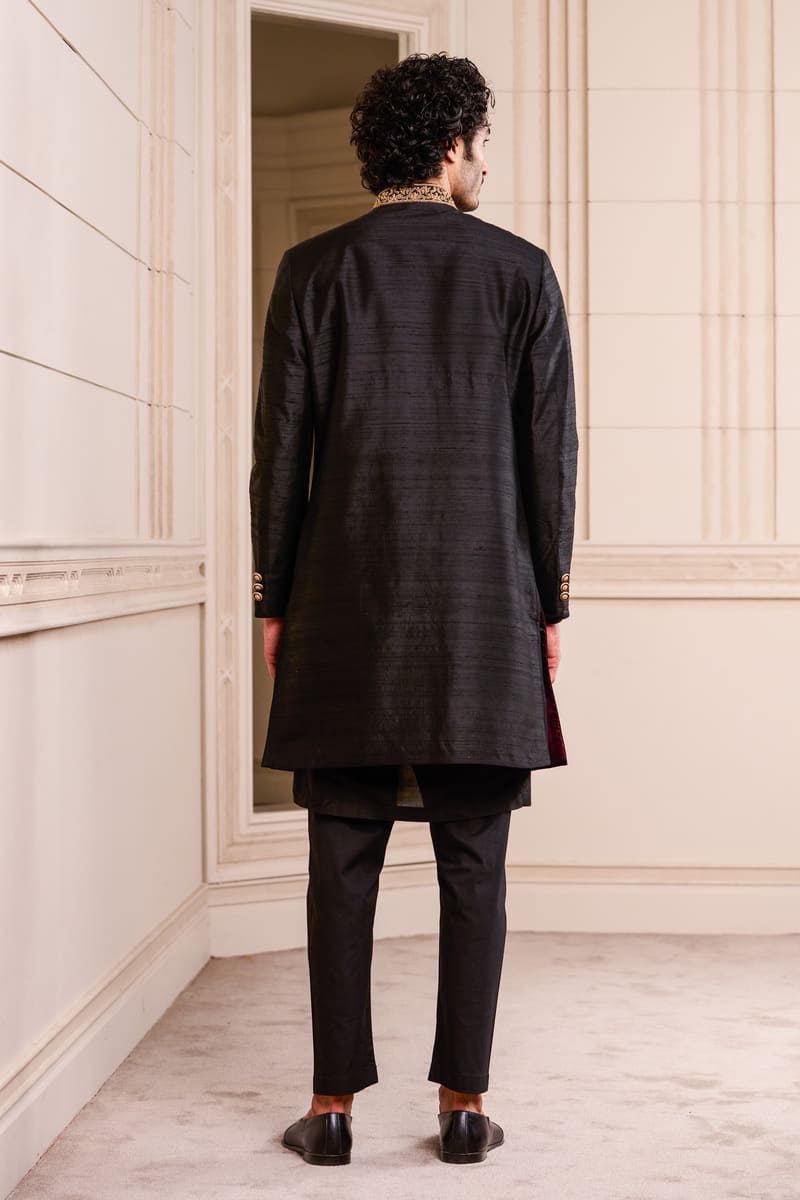 Black Brocade Achkan With Zardozi Embroidery