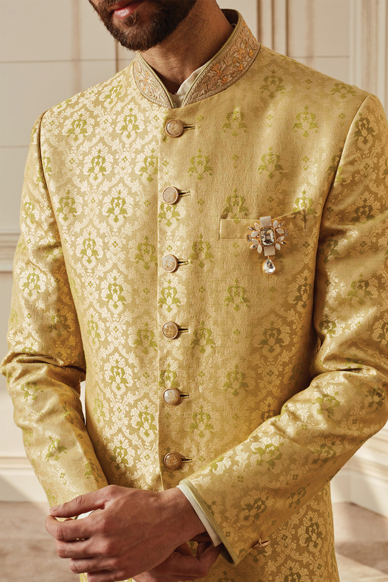 Light Green Brocade Achkan With Zardozi Embroidery