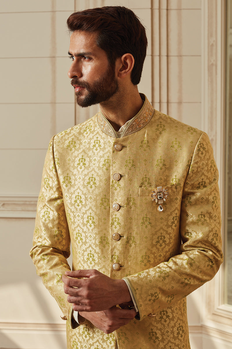 Light Green Brocade Achkan With Zardozi Embroidery