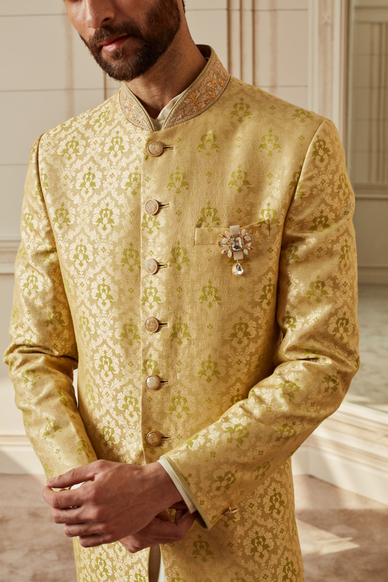 Light Green Brocade Achkan With Zardozi Embroidery