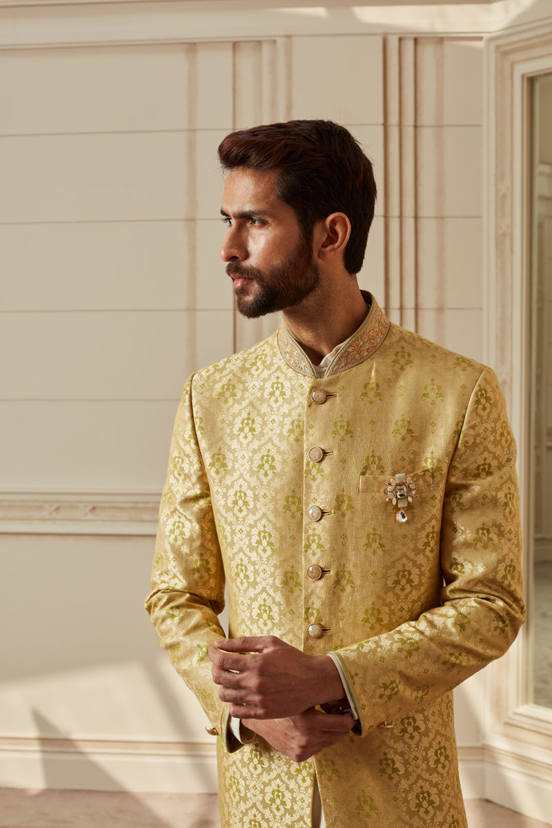 Light Green Brocade Achkan With Zardozi Embroidery