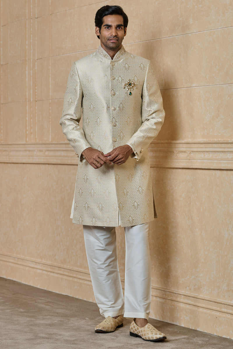 Ivory Brocade Achkan with Embroidered Collar