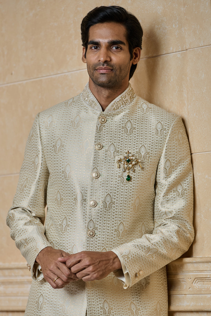 Ivory Brocade Achkan with Embroidered Collar