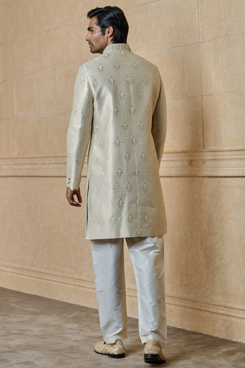 Ivory Brocade Achkan with Embroidered Collar