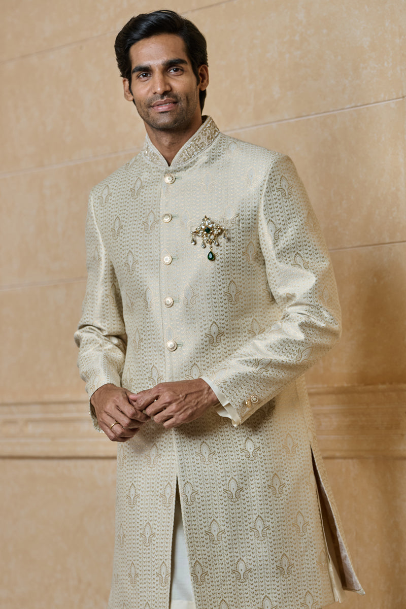 Ivory Brocade Achkan with Embroidered Collar