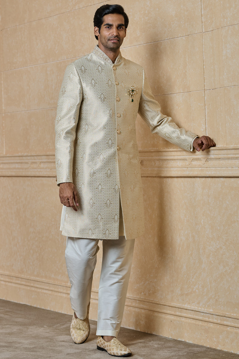 Ivory Brocade Achkan with Embroidered Collar